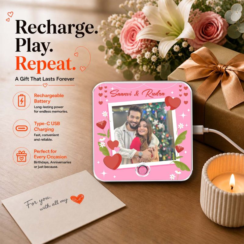 Birthday Gift for Wife  Personalized Musical Fridge Magnet Photo Frame for Couples | Custom Photo & Audio Playable Song Frame Type-C Rechargeable Smart Memory Fridge Magnet